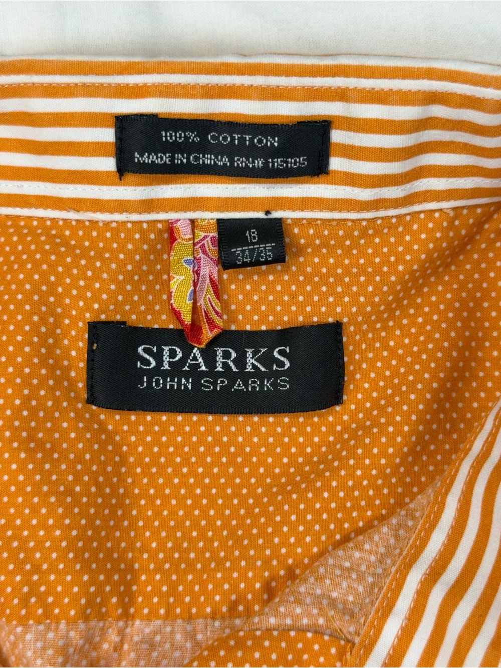 Sparks Men's Orange Long-Sleeve Button-Up Shirt with Striped Cuffs and Collar. - Picture 3 of 3